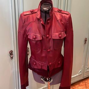 Yves Saint Laurent leather jacket with satin trim. Burgundy color, size 42